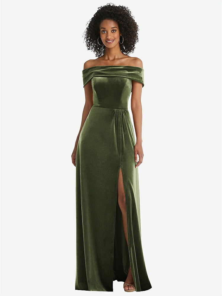 【STYLE: 1554】Draped Cuff Off-the-Shoulder Velvet Maxi Dress with Pockets【COLOR: Olive Green】