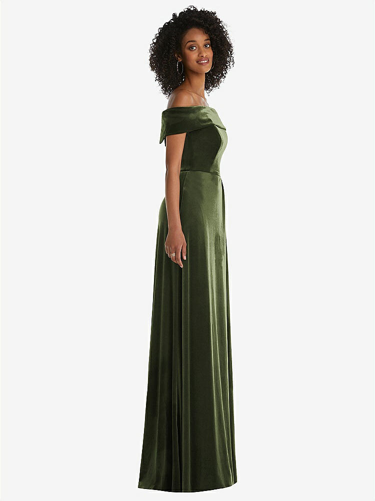 【STYLE: 1554】Draped Cuff Off-the-Shoulder Velvet Maxi Dress with Pockets【COLOR: Olive Green】