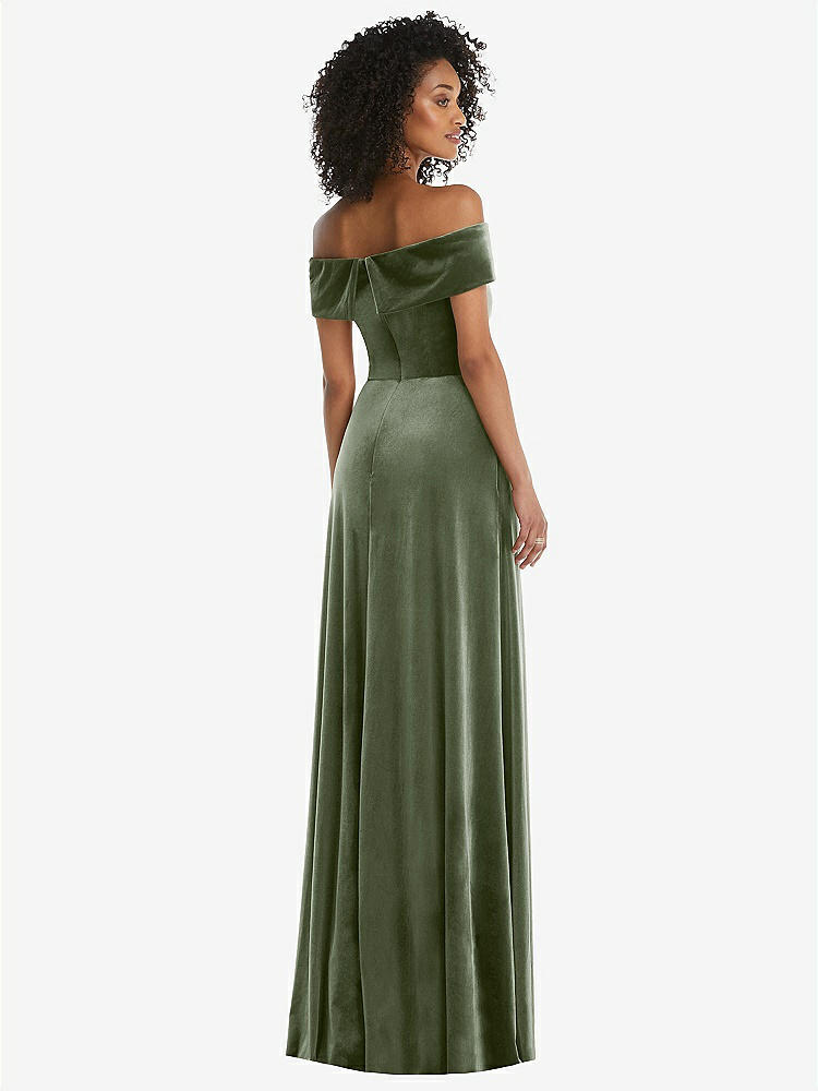 【STYLE: 1554】Draped Cuff Off-the-Shoulder Velvet Maxi Dress with Pockets【COLOR: Sage】