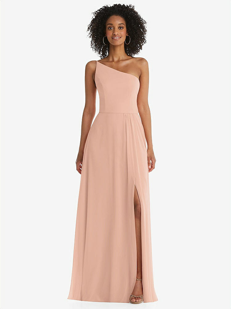 【STYLE: 1555】One-Shoulder Chiffon Maxi Dress with Shirred Front Slit【COLOR: Pale Peach】