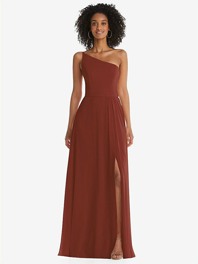 【STYLE: 1555】One-Shoulder Chiffon Maxi Dress with Shirred Front Slit【COLOR: Auburn Moon】