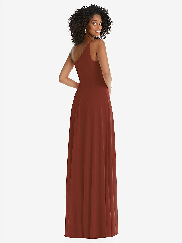 【STYLE: 1555】One-Shoulder Chiffon Maxi Dress with Shirred Front Slit【COLOR: Auburn Moon】
