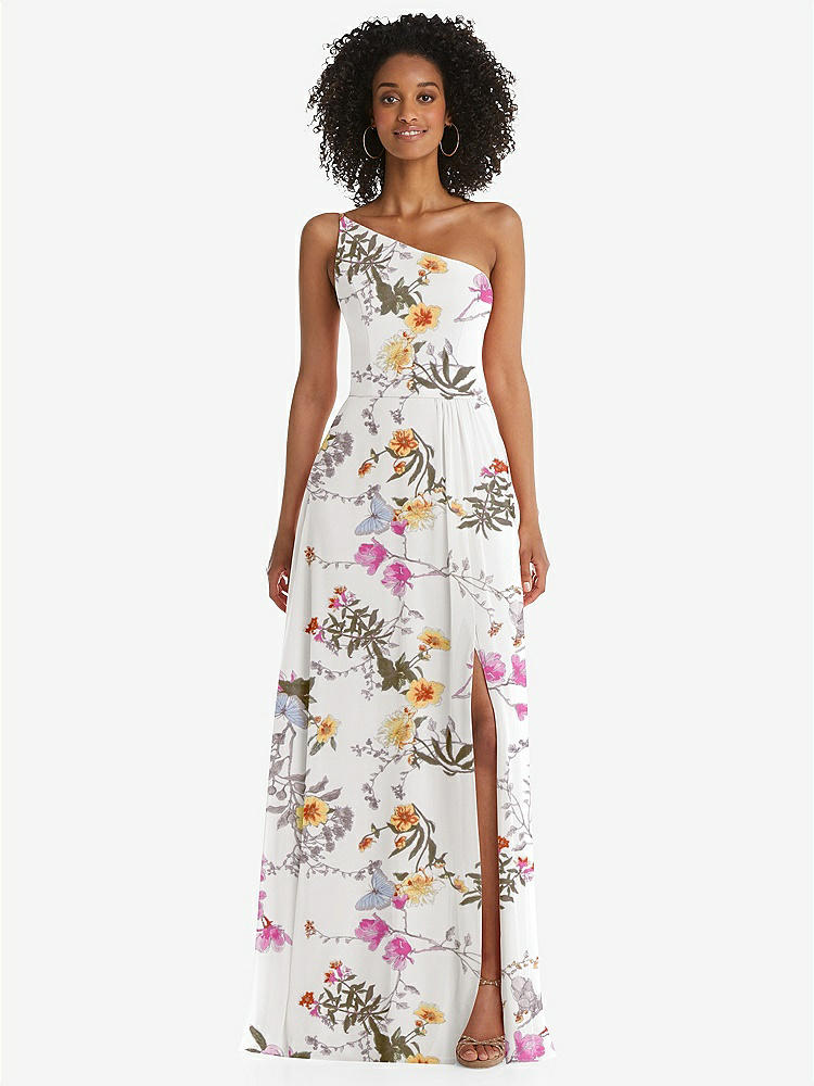 【STYLE: 1555】One-Shoulder Chiffon Maxi Dress with Shirred Front Slit【COLOR: Butterfly Botanica Ivory】
