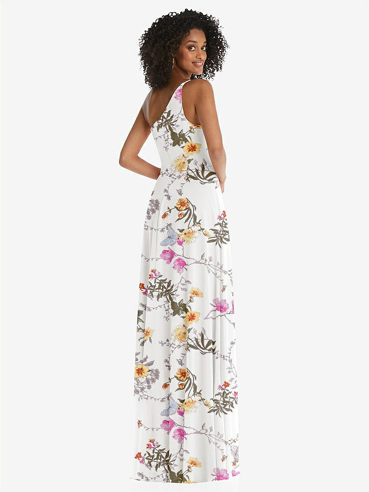 【STYLE: 1555】One-Shoulder Chiffon Maxi Dress with Shirred Front Slit【COLOR: Butterfly Botanica Ivory】