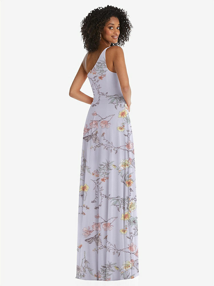 【STYLE: 1555】One-Shoulder Chiffon Maxi Dress with Shirred Front Slit【COLOR: Butterfly Botanica Silver Dove】
