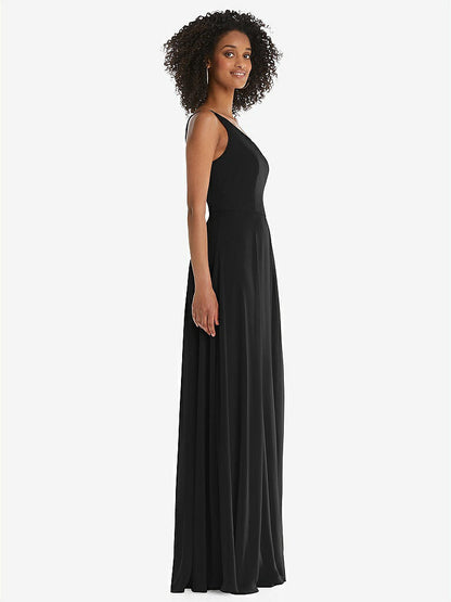 【STYLE: 1555】One-Shoulder Chiffon Maxi Dress with Shirred Front Slit【COLOR: Black】