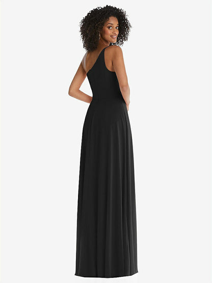【STYLE: 1555】One-Shoulder Chiffon Maxi Dress with Shirred Front Slit【COLOR: Black】