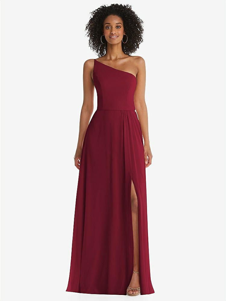 【STYLE: 1555】One-Shoulder Chiffon Maxi Dress with Shirred Front Slit【COLOR: Burgundy】
