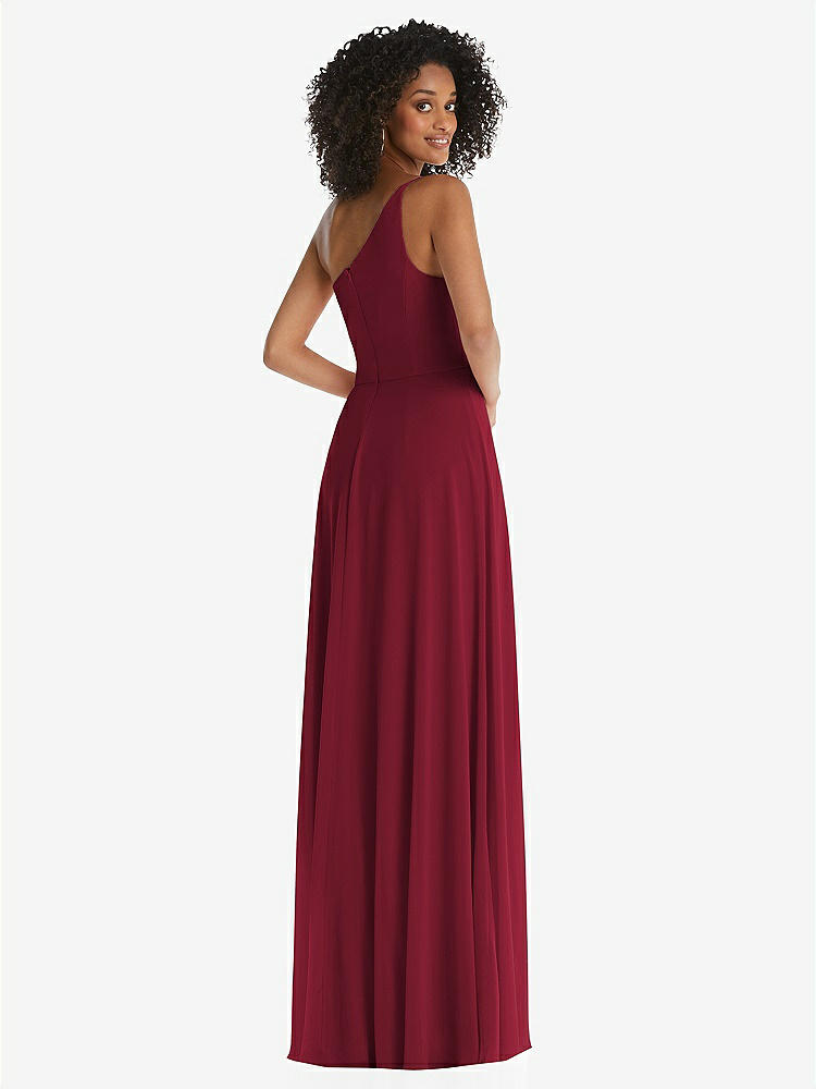【STYLE: 1555】One-Shoulder Chiffon Maxi Dress with Shirred Front Slit【COLOR: Burgundy】