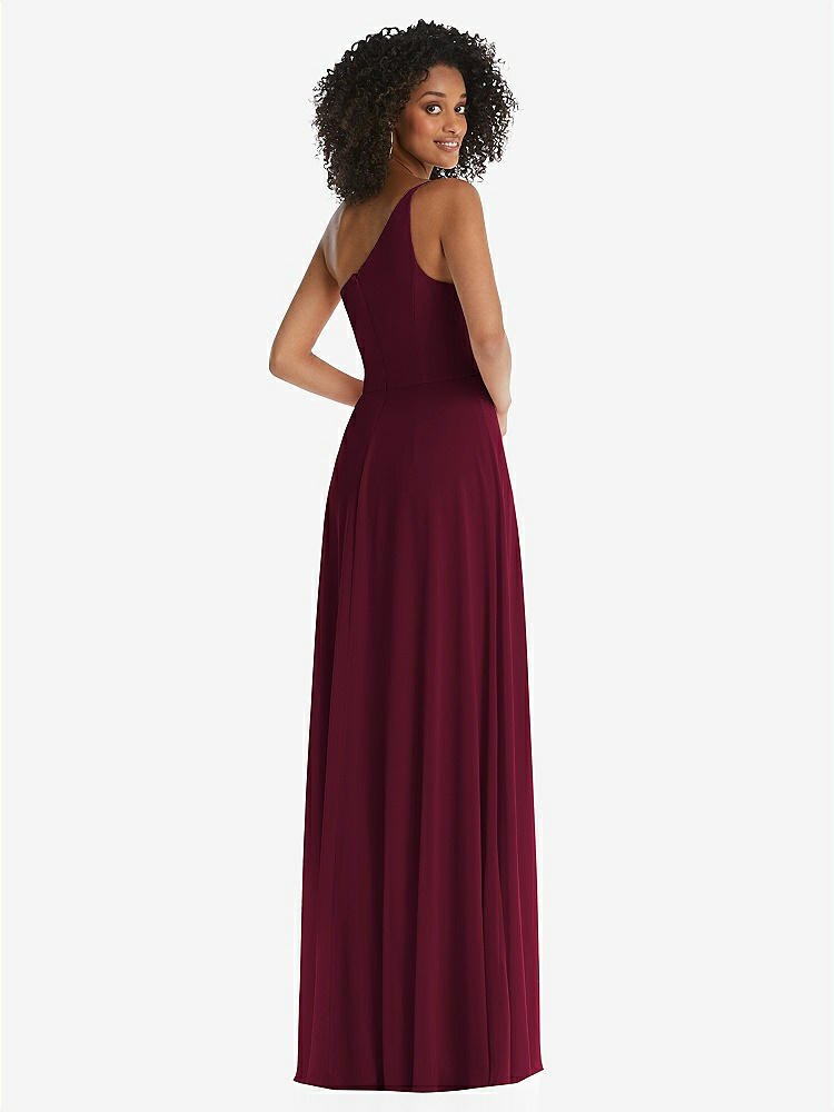 【STYLE: 1555】One-Shoulder Chiffon Maxi Dress with Shirred Front Slit【COLOR: Cabernet】