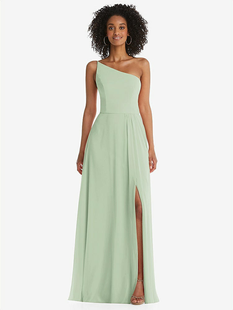 【STYLE: 1555】One-Shoulder Chiffon Maxi Dress with Shirred Front Slit【COLOR: Celadon】