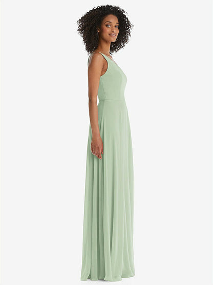 【STYLE: 1555】One-Shoulder Chiffon Maxi Dress with Shirred Front Slit【COLOR: Celadon】