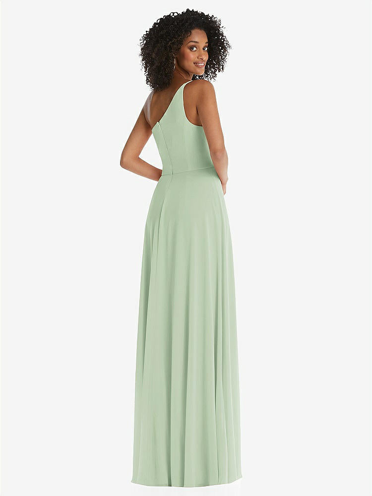 【STYLE: 1555】One-Shoulder Chiffon Maxi Dress with Shirred Front Slit【COLOR: Celadon】