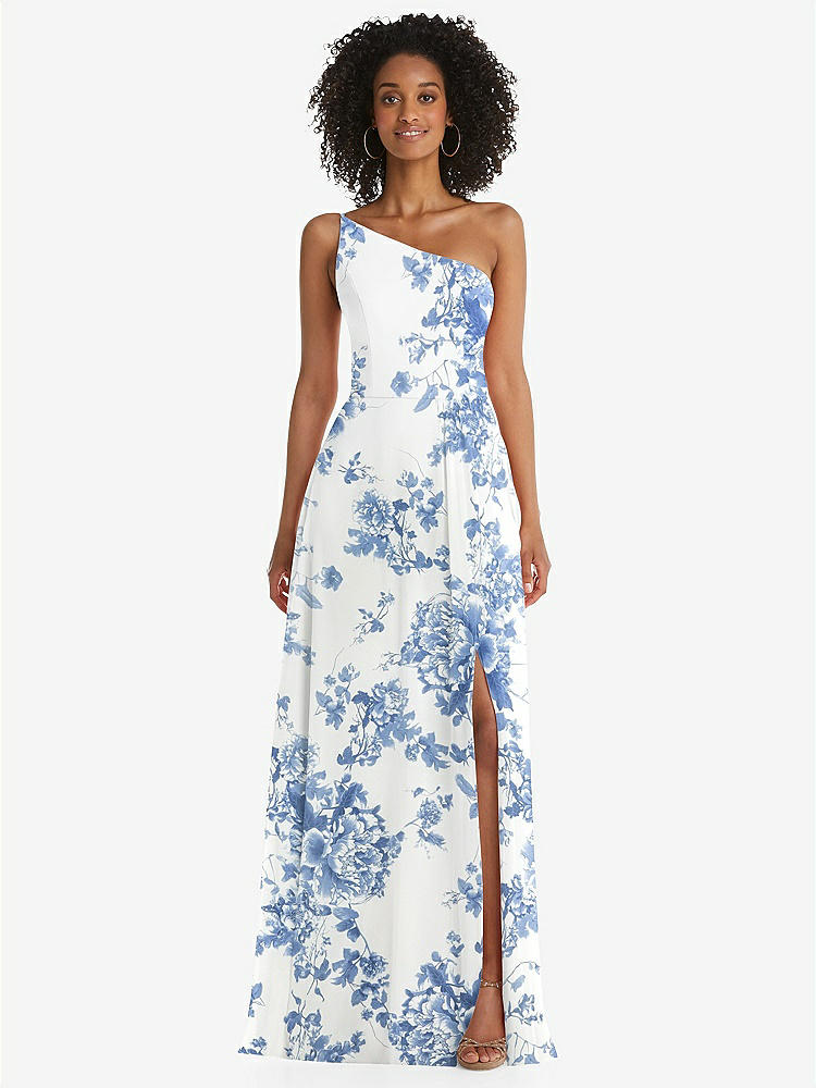 【STYLE: 1555】One-Shoulder Chiffon Maxi Dress with Shirred Front Slit【COLOR: Cottage Rose Dusk Blue】