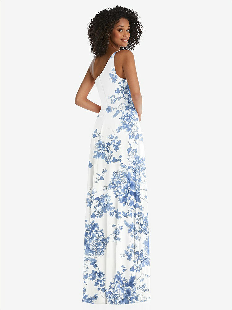 【STYLE: 1555】One-Shoulder Chiffon Maxi Dress with Shirred Front Slit【COLOR: Cottage Rose Dusk Blue】