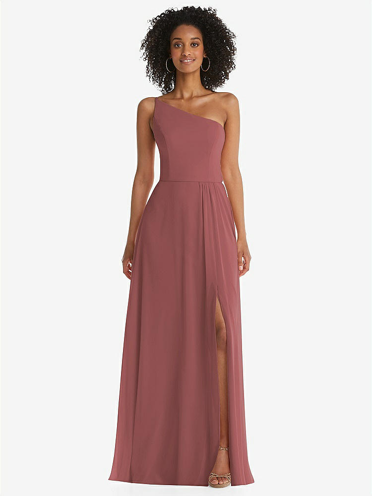【STYLE: 1555】One-Shoulder Chiffon Maxi Dress with Shirred Front Slit【COLOR: English Rose】