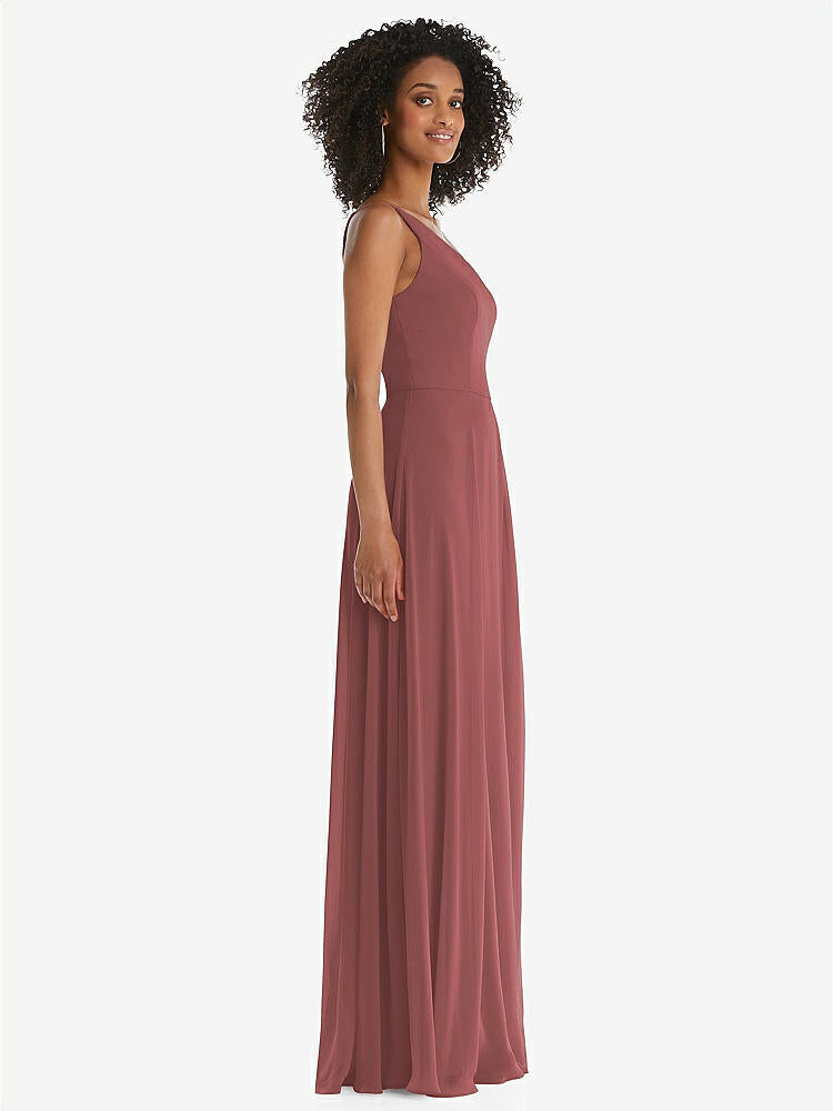 【STYLE: 1555】One-Shoulder Chiffon Maxi Dress with Shirred Front Slit【COLOR: English Rose】