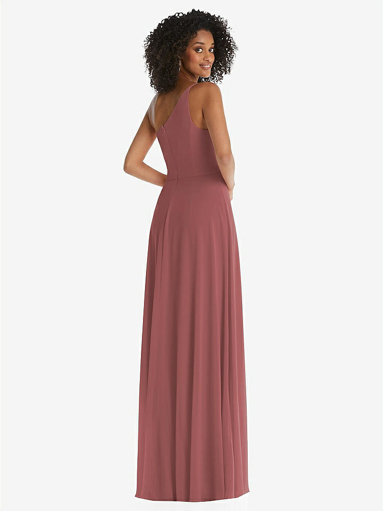 【STYLE: 1555】One-Shoulder Chiffon Maxi Dress with Shirred Front Slit【COLOR: English Rose】