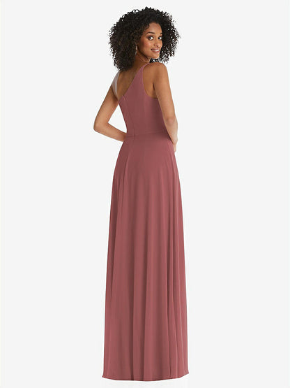 【STYLE: 1555】One-Shoulder Chiffon Maxi Dress with Shirred Front Slit【COLOR: English Rose】