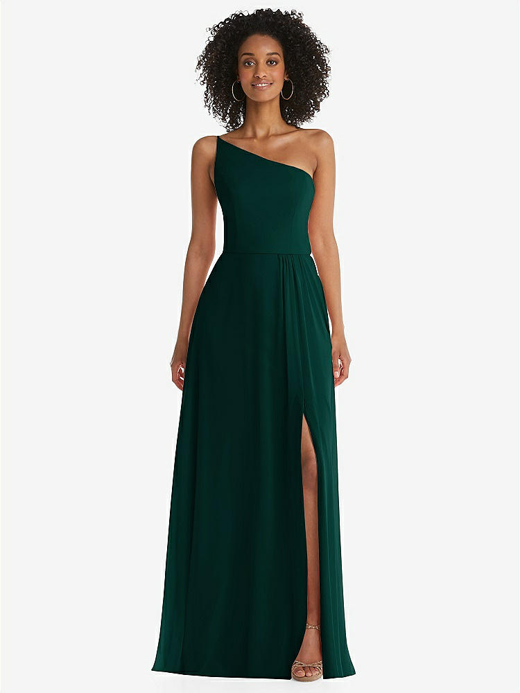 【STYLE: 1555】One-Shoulder Chiffon Maxi Dress with Shirred Front Slit【COLOR: Evergreen】