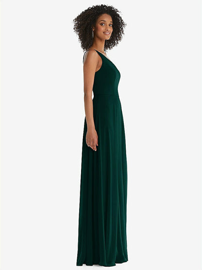 【STYLE: 1555】One-Shoulder Chiffon Maxi Dress with Shirred Front Slit【COLOR: Evergreen】