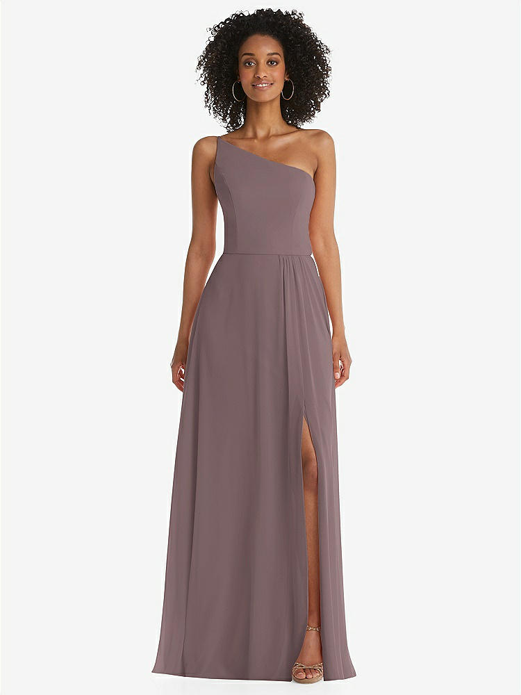 【STYLE: 1555】One-Shoulder Chiffon Maxi Dress with Shirred Front Slit【COLOR: French Truffle】