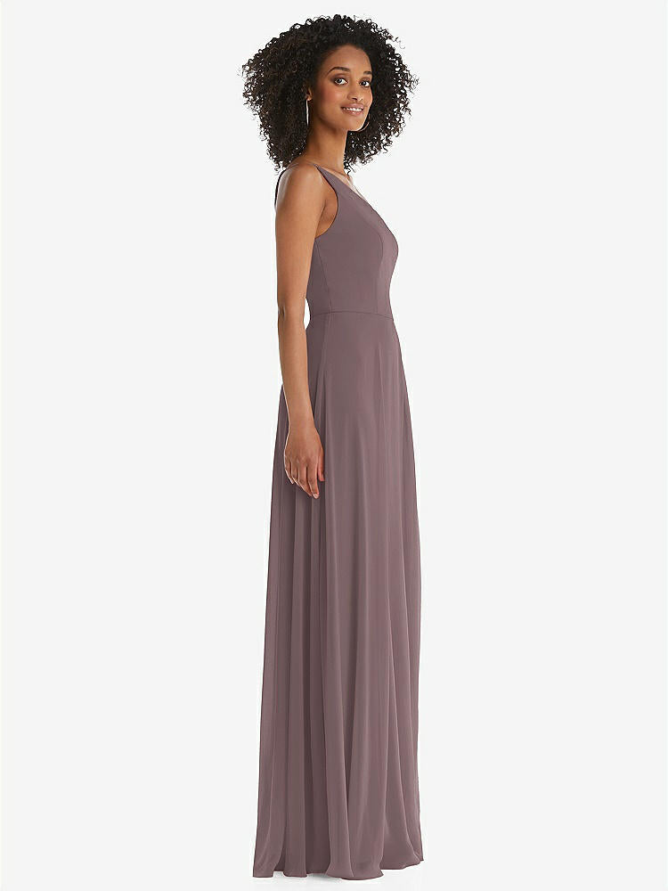 【STYLE: 1555】One-Shoulder Chiffon Maxi Dress with Shirred Front Slit【COLOR: French Truffle】