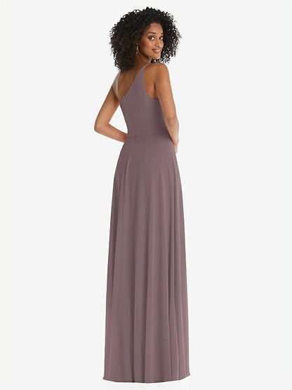 【STYLE: 1555】One-Shoulder Chiffon Maxi Dress with Shirred Front Slit【COLOR: French Truffle】