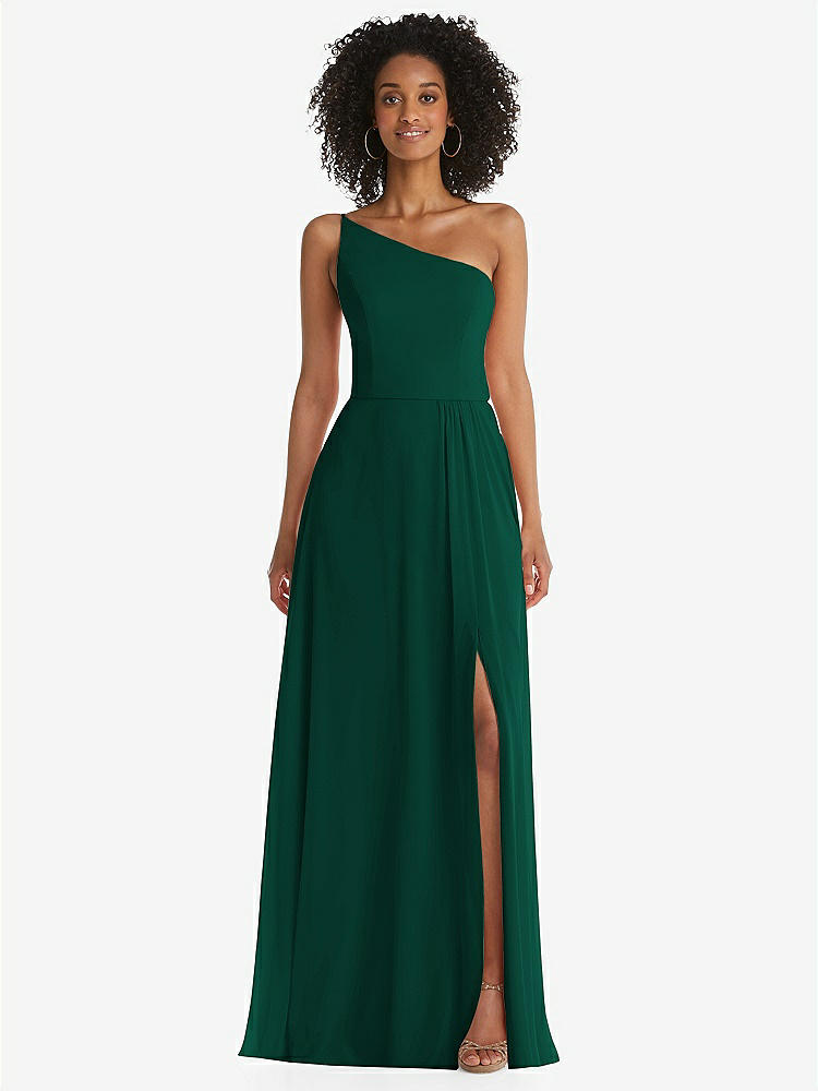 【STYLE: 1555】One-Shoulder Chiffon Maxi Dress with Shirred Front Slit【COLOR: Hunter Green】