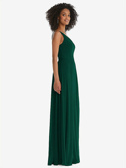 【STYLE: 1555】One-Shoulder Chiffon Maxi Dress with Shirred Front Slit【COLOR: Hunter Green】