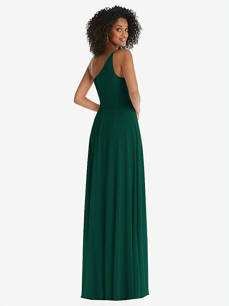 【STYLE: 1555】One-Shoulder Chiffon Maxi Dress with Shirred Front Slit【COLOR: Hunter Green】