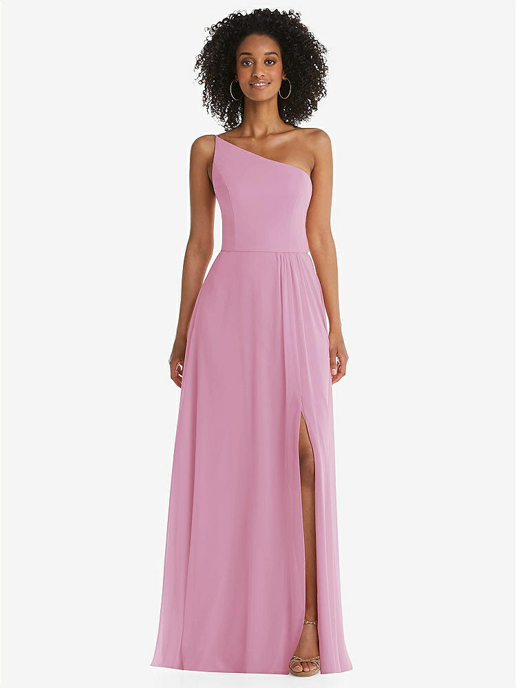 【STYLE: 1555】One-Shoulder Chiffon Maxi Dress with Shirred Front Slit【COLOR: Powder Pink】
