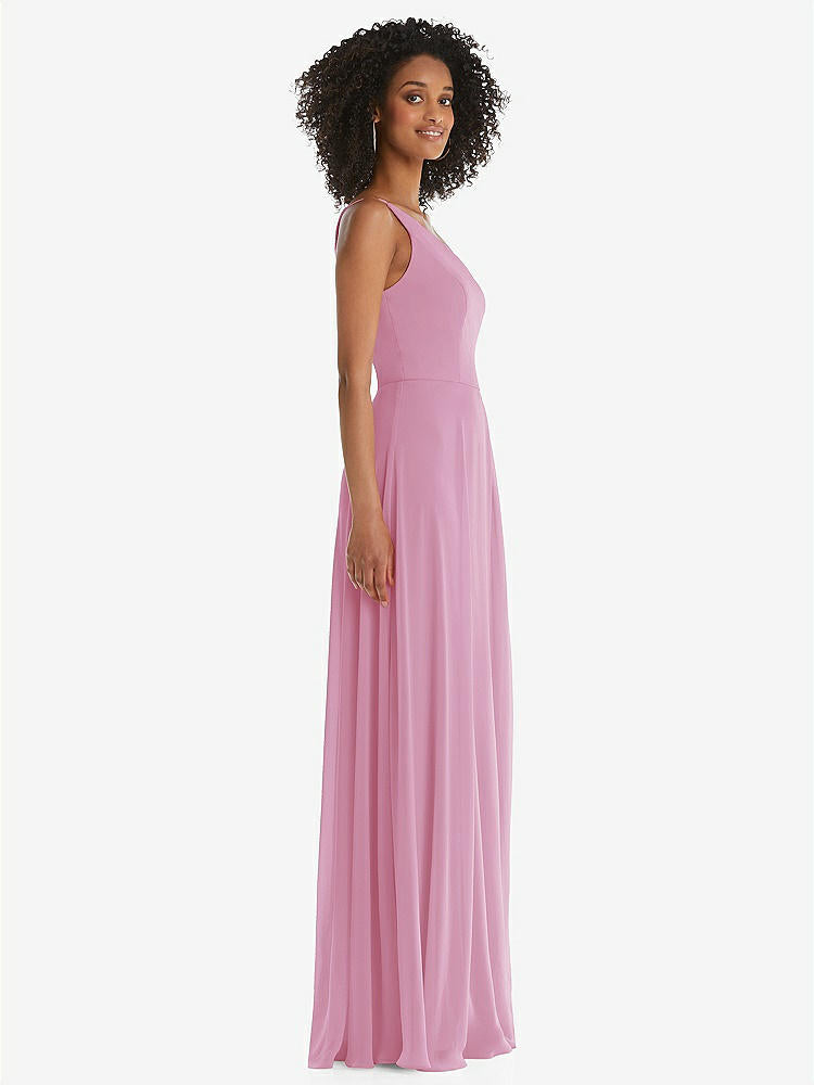 【STYLE: 1555】One-Shoulder Chiffon Maxi Dress with Shirred Front Slit【COLOR: Powder Pink】