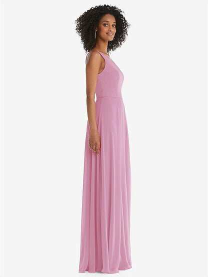 【STYLE: 1555】One-Shoulder Chiffon Maxi Dress with Shirred Front Slit【COLOR: Powder Pink】