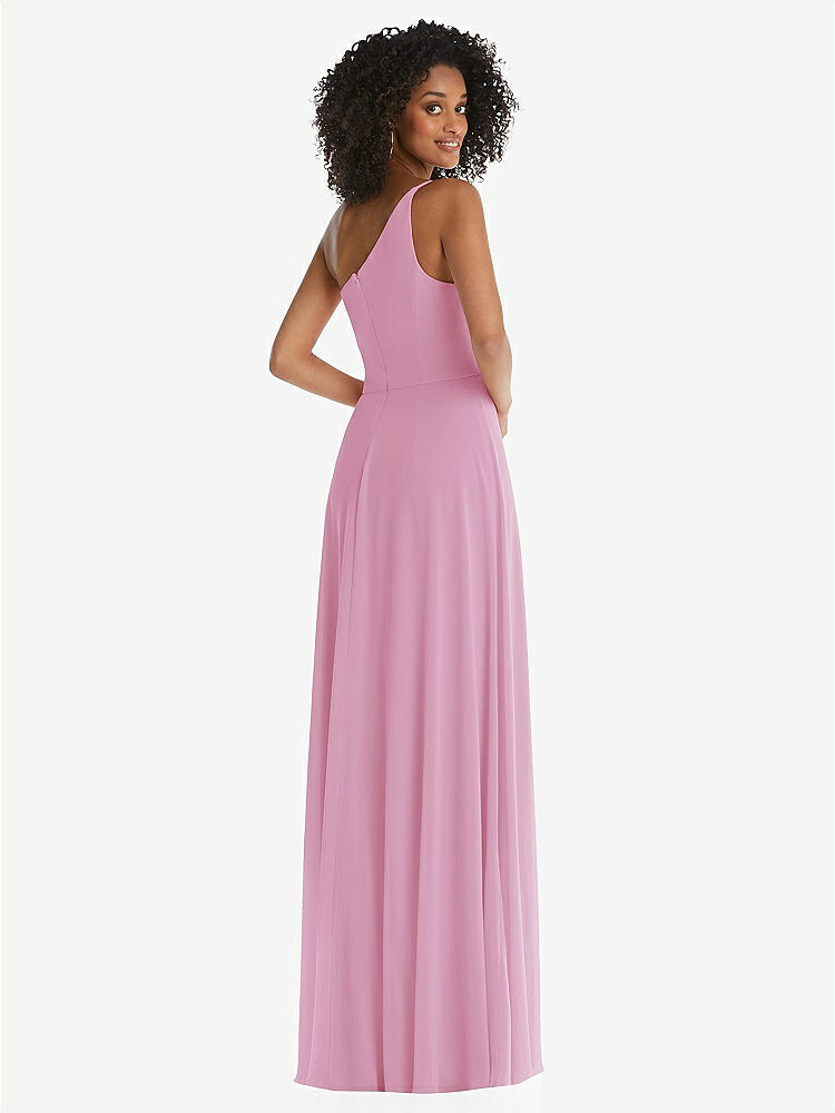 【STYLE: 1555】One-Shoulder Chiffon Maxi Dress with Shirred Front Slit【COLOR: Powder Pink】