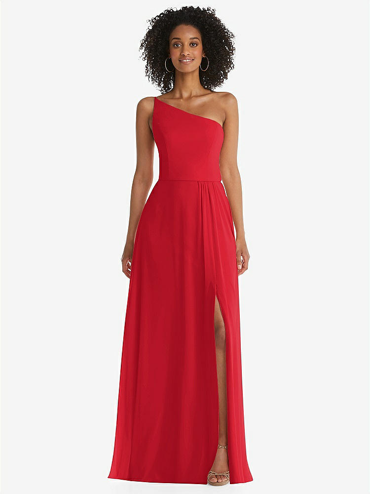 【STYLE: 1555】One-Shoulder Chiffon Maxi Dress with Shirred Front Slit【COLOR: Parisian Red】