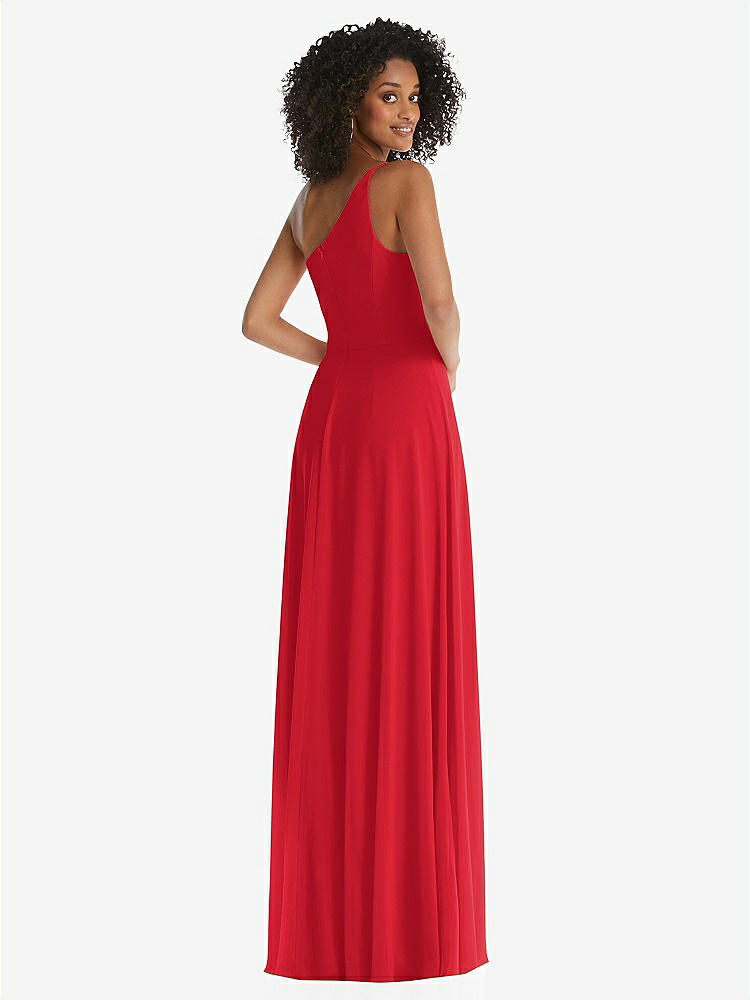 【STYLE: 1555】One-Shoulder Chiffon Maxi Dress with Shirred Front Slit【COLOR: Parisian Red】