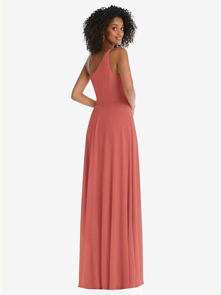 【NEW】【STYLE: 1555】ワンショルダー シフォン マキシ ドレス シアレッド フロント スリット【COLOR: Coral Pink】【SIZE: 00-30W】