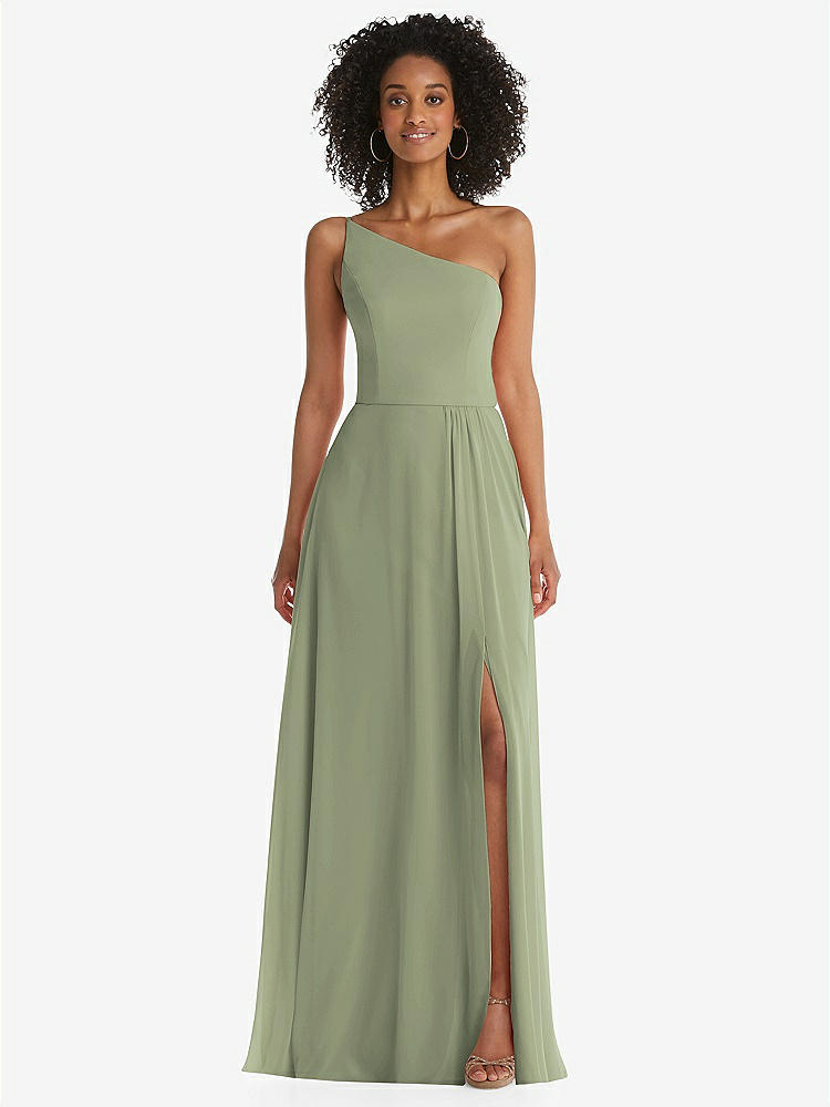 【STYLE: 1555】One-Shoulder Chiffon Maxi Dress with Shirred Front Slit【COLOR: Sage】