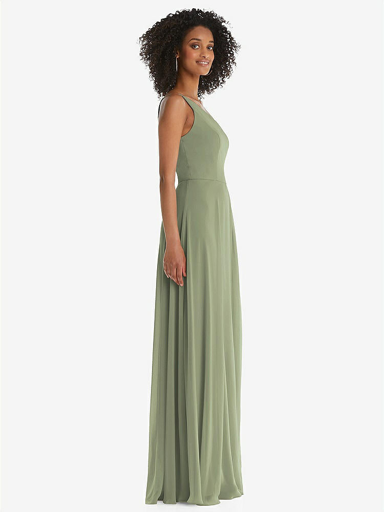【STYLE: 1555】One-Shoulder Chiffon Maxi Dress with Shirred Front Slit【COLOR: Sage】