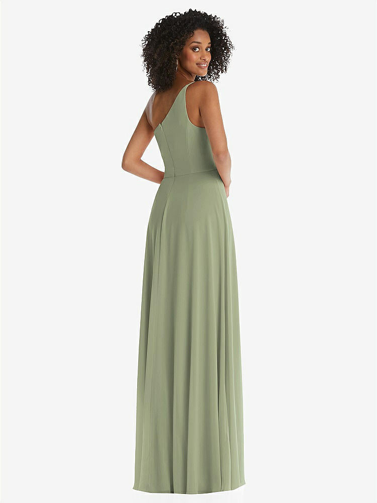 【STYLE: 1555】One-Shoulder Chiffon Maxi Dress with Shirred Front Slit【COLOR: Sage】