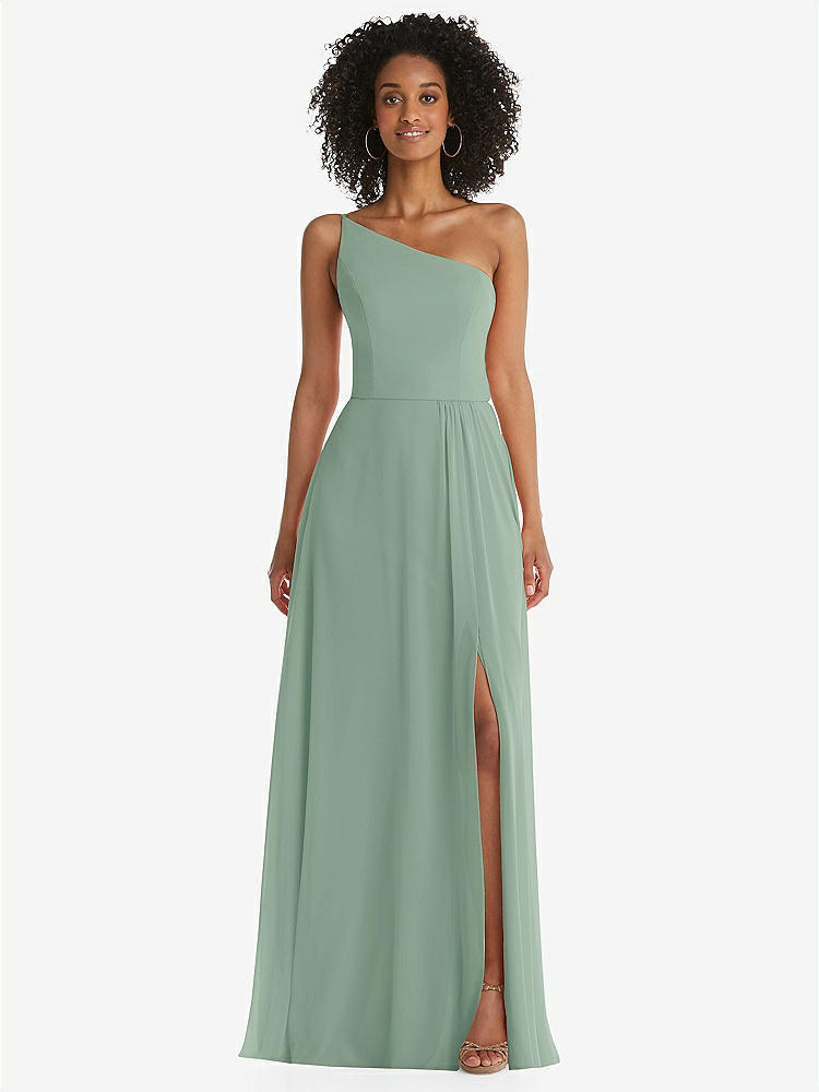 【STYLE: 1555】One-Shoulder Chiffon Maxi Dress with Shirred Front Slit【COLOR: Seagrass】