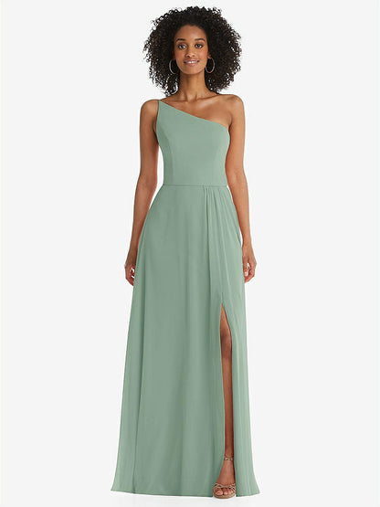 【STYLE: 1555】One-Shoulder Chiffon Maxi Dress with Shirred Front Slit【COLOR: Seagrass】