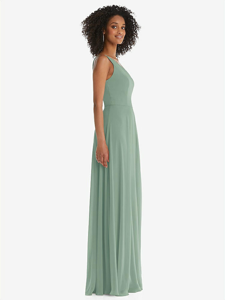 【STYLE: 1555】One-Shoulder Chiffon Maxi Dress with Shirred Front Slit【COLOR: Seagrass】