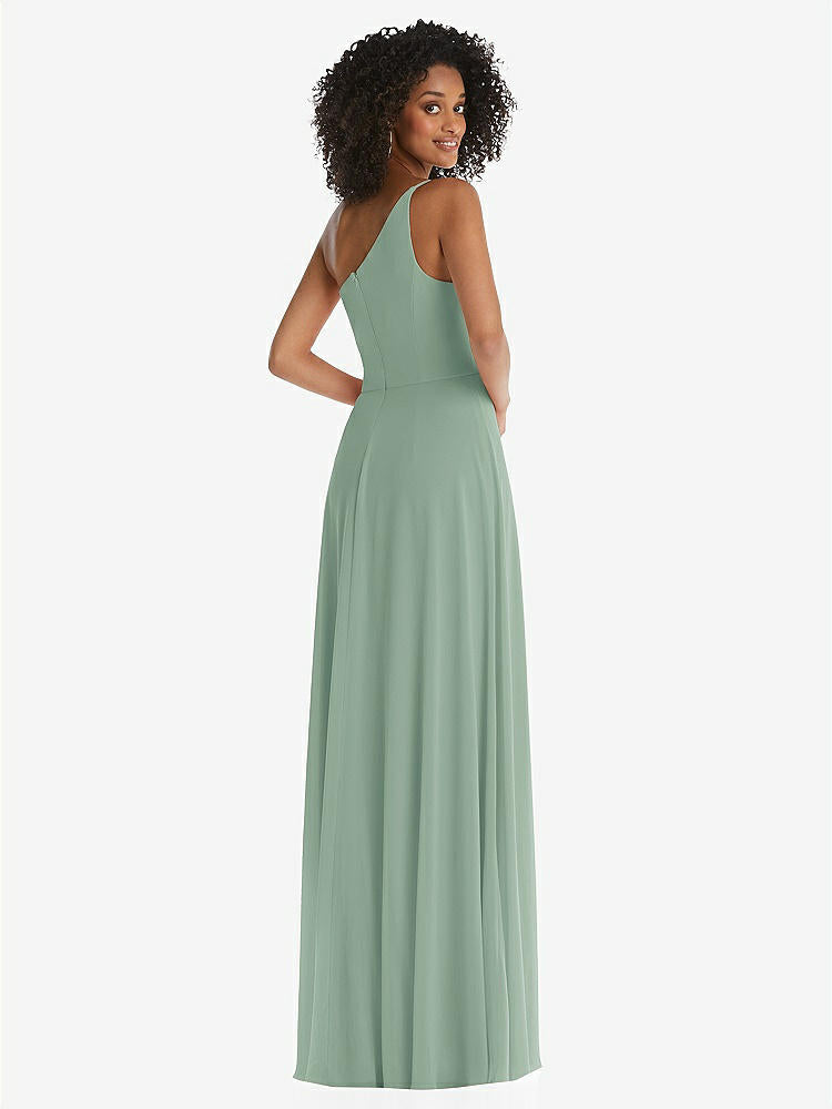 【STYLE: 1555】One-Shoulder Chiffon Maxi Dress with Shirred Front Slit【COLOR: Seagrass】