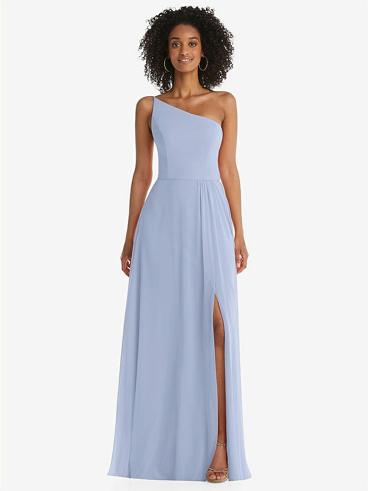 【STYLE: 1555】One-Shoulder Chiffon Maxi Dress with Shirred Front Slit【COLOR: Sky Blue】