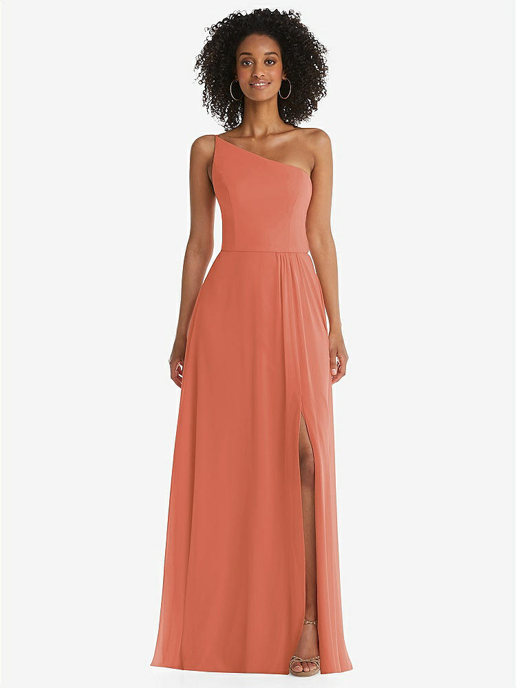 【STYLE: 1555】One-Shoulder Chiffon Maxi Dress with Shirred Front Slit【COLOR: Terracotta Copper】