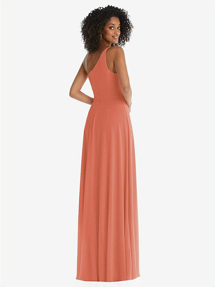 【STYLE: 1555】One-Shoulder Chiffon Maxi Dress with Shirred Front Slit【COLOR: Terracotta Copper】