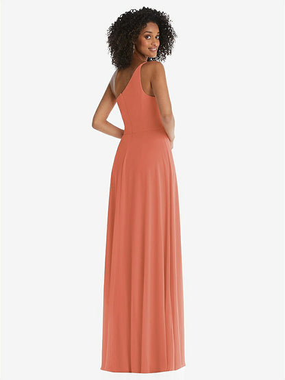 【STYLE: 1555】One-Shoulder Chiffon Maxi Dress with Shirred Front Slit【COLOR: Terracotta Copper】