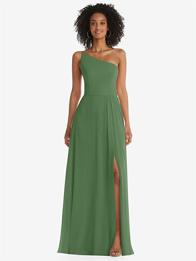 【STYLE: 1555】One-Shoulder Chiffon Maxi Dress with Shirred Front Slit【COLOR: Vineyard Green】